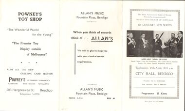 Document - ADELAIDE WIND QUARTET, CITY HALL, BENDIGO, 15 April, 1970