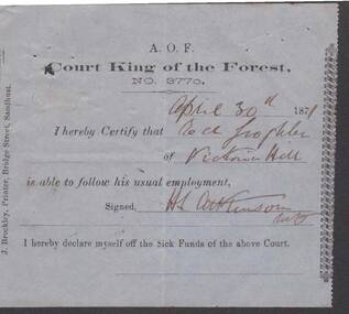 Document - ANCIENT ORDER OF FORESTERS NO. 3770 COLLECTION: MEDICAL CERTIFICATE