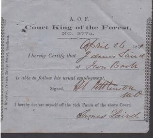Document - ANCIENT ORDER OF FORESTERS NO. 3770 COLLECTION: MEDICAL CERTIFICATE