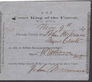 Document - ANCIENT ORDER OF FORESTERS NO. 3770 COLLECTION: MEDICAL CERTIFICATE