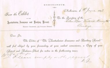 Document - COHN BROTHERS COLLECTION: PRINTED DOCUMENT FROM THE EDITOR OF THE AUSTRALASIAN INSURANCE AND BANKING RECORD