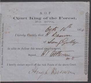 Document - ANCIENT ORDER OF FORESTERS NO. 3770 COLLECTION: MEDICAL CERTIFICATE