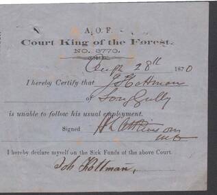 Document - ANCIENT ORDER OF FORESTERS NO. 3770 COLLECTION: MEDICAL CERTIFICATE