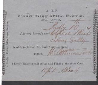 Document - ANCIENT ORDER OF FORESTERS NO. 3770 COLLECTION: MEDICAL CERTIFICATE