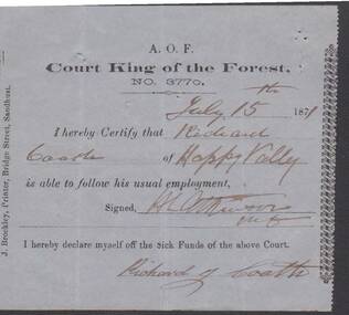 Document - ANCIENT ORDER OF FORESTERS NO. 3770 COLLECTION: MEDICAL CERTIFICATE