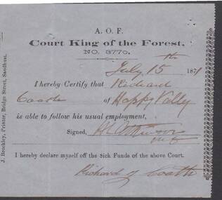 Document - ANCIENT ORDER OF FORESTERS NO. 3770 COLLECTION: MEDICAL CERTIFICATE