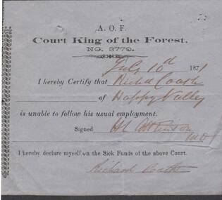 Document - ANCIENT ORDER OF FORESTERS NO. 3770 COLLECTION: MEDICAL CERTIFICATE