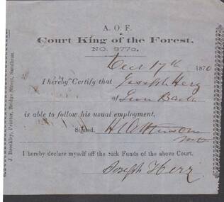 Document - ANCIENT ORDER OF FORESTERS NO. 3770 COLLECTION: MEDICAL CERTIFICATE