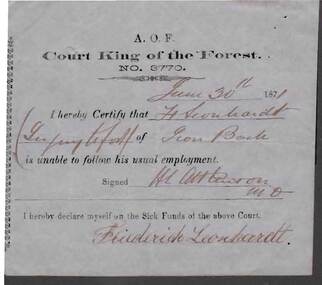 Document - ANCIENT ORDER OF FORESTERS NO. 3770 COLLECTION: MEDICAL CERTIFICATE