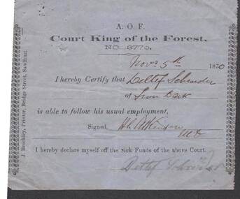 Document - ANCIENT ORDER OF FORESTERS NO. 3770 COLLECTION: MEDICAL CERTIFICATE