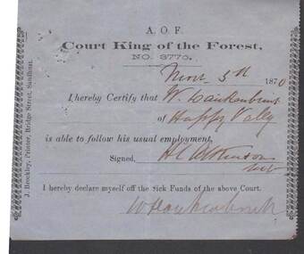 Document - ANCIENT ORDER OF FORESTERS NO. 3770 COLLECTION: MEDICAL CERTIFICATE