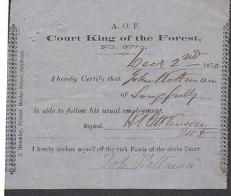 Document - ANCIENT ORDER OF FORESTERS NO. 3770 COLLECTION: MEDICAL CERTIFICATE