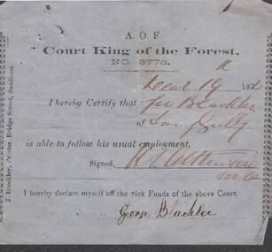 Document - ANCIENT ORDER OF FORESTERS NO. 3770 COLLECTION: MEDICAL CERTIFICATE