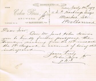 Document - COHN BROTHERS COLLECTION: HANDWRITTEN LETTER DATED 1893