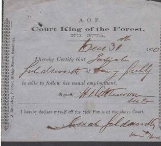 Document - ANCIENT ORDER OF FORESTERS NO. 3770 COLLECTION: MEDICAL CERTIFICATE