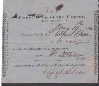 Document - ANCIENT ORDER OF FORESTERS NO. 3770 COLLECTION: MEDICAL CERTIFICATE