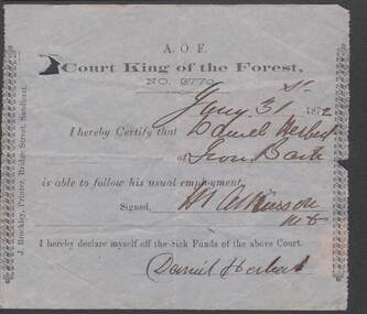 Document - ANCIENT ORDER OF FORESTERS NO. 3770 COLLECTION: MEDICAL CERTIFICATE
