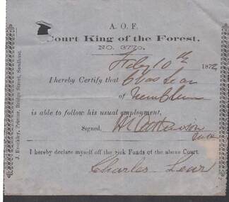 Document - ANCIENT ORDER OF FORESTERS NO. 3770 COLLECTION: MEDICAL CERTIFICATE