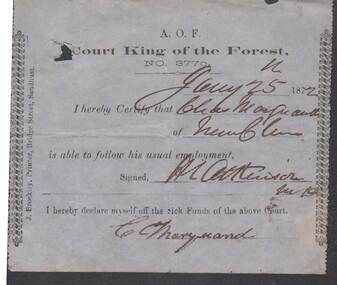 Document - ANCIENT ORDER OF FORESTERS NO. 3770 COLLECTION: MEDICAL CERTIFICATE