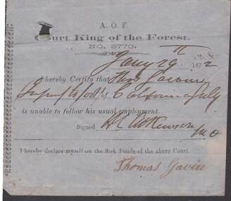 Document - ANCIENT ORDER OF FORESTERS NO. 3770 COLLECTION: MEDICAL CERTIFICATE