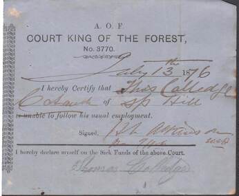 Document - ANCIENT ORDER OF FORESTERS NO 3770 COLLECTION: MEDICAL CERTIFICATE
