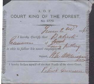 Document - ANCIENT ORDER OF FORESTERS NO 3770 COLLECTION: MEDICAL CERTIFICATE