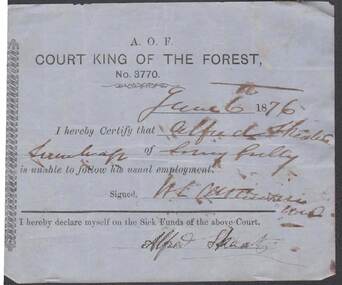 Document - ANCIENT ORDER OF FORESTERS NO 3770 COLLECTION: MEDICAL CERTIFICATE