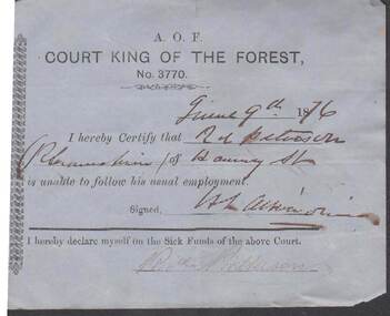 Document - ANCIENT ORDER OF FORESTERS NO 3770 COLLECTION: MEDICAL CERTIFICATE