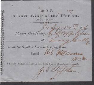 Document - ANCIENT ORDER OF FORESTERS NO 3770 COLLECTION: MEDICAL CERTIFICATE