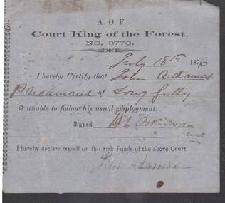 Document - ANCIENT ORDER OF FORESTERS NO 3770 COLLECTION: MEDICAL CERTIFICATE