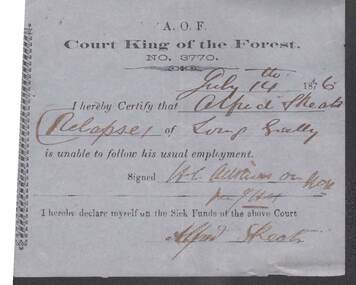 Document - ANCIENT ORDER OF FORESTERS NO 3770 COLLECTION: MEDICAL CERTIFICATE