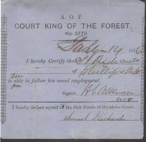 Document - ANCIENT ORDER OF FORESTERS NO 3770 COLLECTION: MEDICAL CERTIFICATE