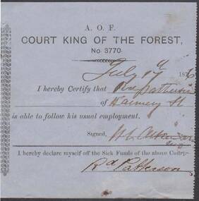 Document - ANCIENT ORDER OF FORESTERS NO 3770 COLLECTION: MEDICAL CERTIFICATE