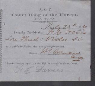 Document - ANCIENT ORDER OF FORESTERS NO 3770 COLLECTION: MEDICAL CERTIFICATE