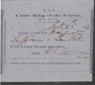 Document - ANCIENT ORDER OF FORESTERS NO 3770 COLLECTION: MEDICAL CERTIFICATE