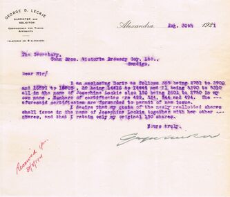 Document - COHN BROTHERS COLLECTION: TYPED LETTER DATED 1921