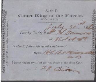 Document - ANCIENT ORDER OF FORESTERS NO 3770 COLLECTION: MEDICAL CERTIFICATE