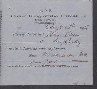 Document - ANCIENT ORDER OF FORESTERS NO 3770 COLLECTION: MEDICAL CERTIFICATE