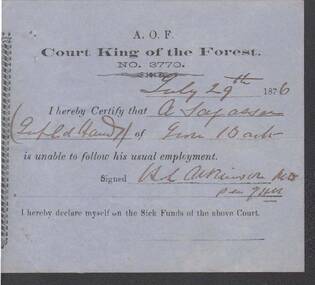 Document - ANCIENT ORDER OF FORESTERS NO 3770 COLLECTION: MEDICAL CERTIFICATE