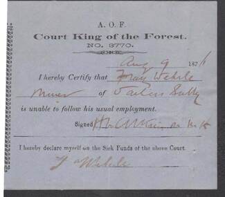 Document - ANCIENT ORDER OF FORESTERS NO 3770 COLLECTION: MEDICAL CERTIFICATE