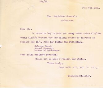 Document - COHN BROTHERS COLLECTION: TYPED MESSAGE DATED 1921
