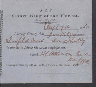 Document - ANCIENT ORDER OF FORESTERS NO 3770 COLLECTION: MEDICAL CERTIFICATE