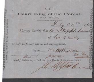Document - ANCIENT ORDER OF FORESTERS NO 3770 COLLECTION: MEDICAL CERTIFICATE