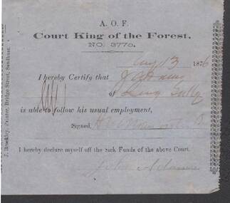 Document - ANCIENT ORDER OF FORESTERS NO 3770 COLLECTION: MEDICAL CERTIFICATE