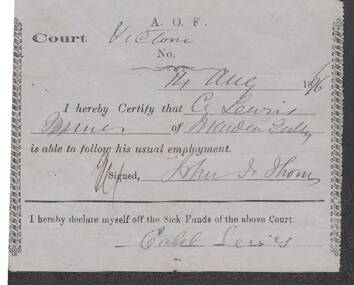 Document - ANCIENT ORDER OF FORESTERS NO 3770 COLLECTION: MEDICAL CERTIFICATE