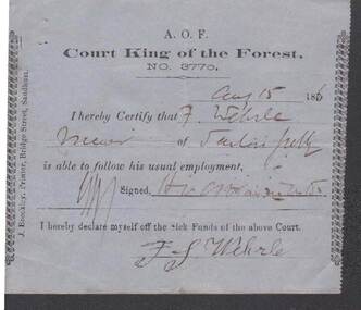 Document - ANCIENT ORDER OF FORESTERS NO 3770 COLLECTION: MEDICAL CERTIFICATE