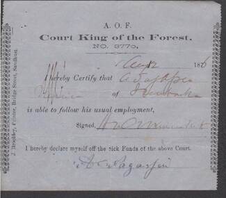 Document - ANCIENT ORDER OF FORESTERS NO 3770 COLLECTION: MEDICAL CERTIFICATE