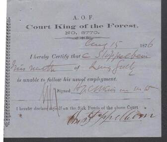 Document - ANCIENT ORDER OF FORESTERS NO 3770 COLLECTION: MEDICAL CERTIFICATE