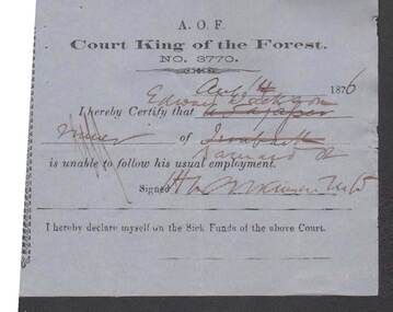 Document - ANCIENT ORDER OF FORESTERS NO 3770 COLLECTION: MEDICAL CERTIFICATE