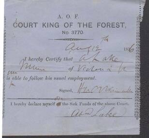 Document - ANCIENT ORDER OF FORESTERS NO 3770 COLLECTION: MEDICAL CERTIFICATE